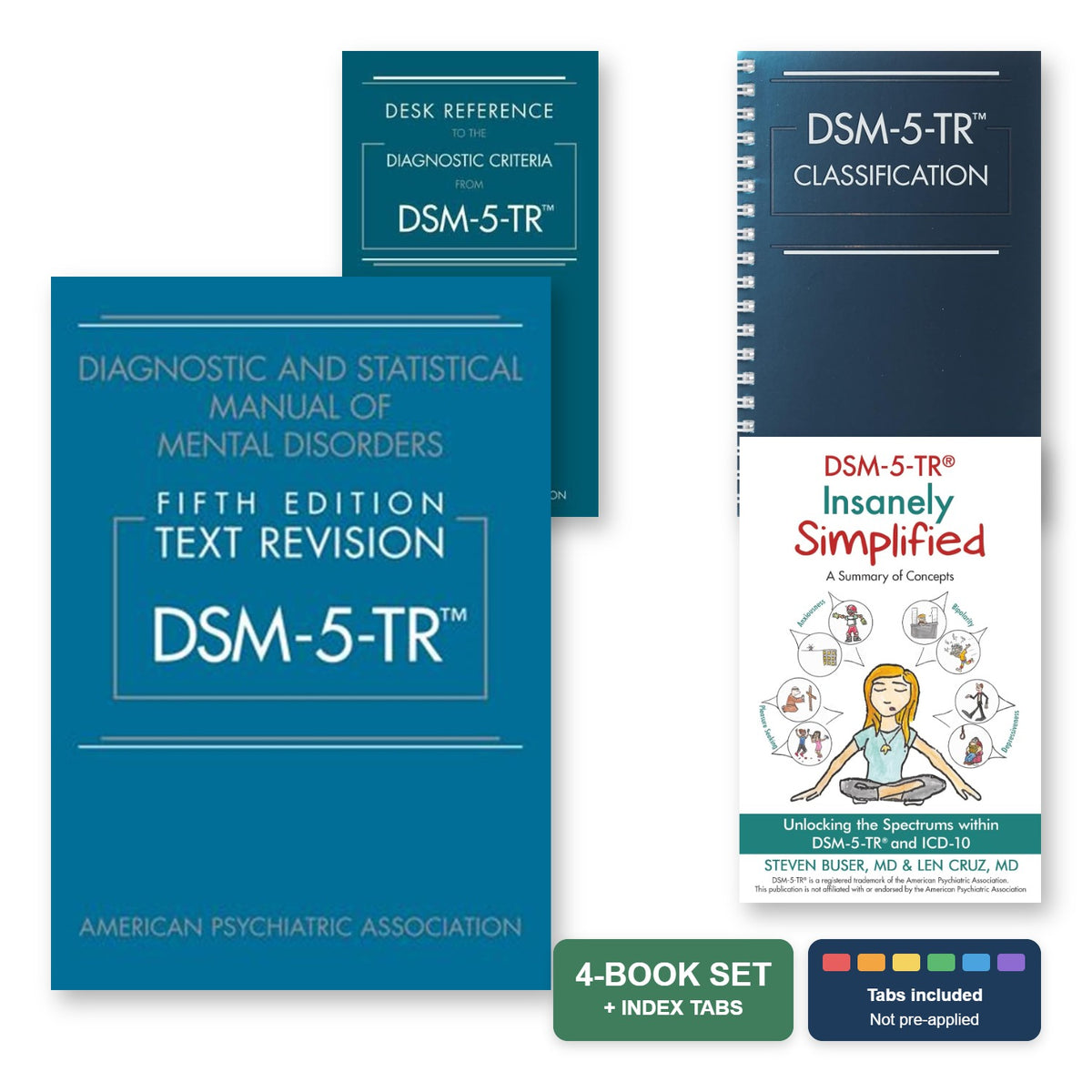 DSM-5-TR study set: DSM-5-TR paperback, Desk Reference, spiral Classification, Insanely Simplified and index tabs